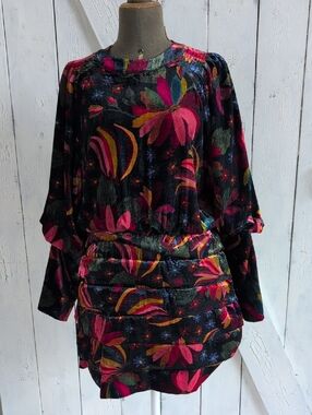 Farm Rio Foral Velvet Long-Sleeve Mini Dress in Multicolor